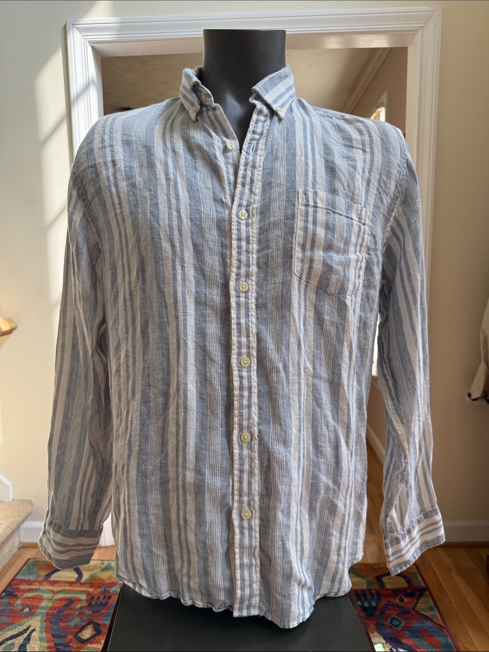 J. Crew Light Blue & White Striped Linen-Blend Button-Down Shirt XL